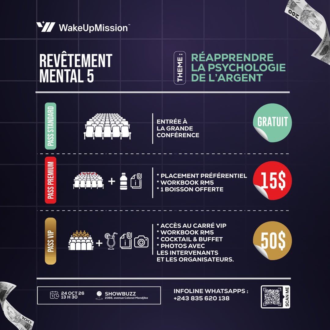 Affiche des pass de Revêtement Mental 5, thème « Réapprendre la psychologie de l'argent » : Pass Standard (gratuit, entrée à la grande conférence), Pass Premium (15 $) et Pass VIP (50 $), avec le 24 octobre 2026 à 13 h 30 au Showbuzz, 2366 avenue Colonel Mondjiba, et l'infoline WhatsApp +243 835 620 138
